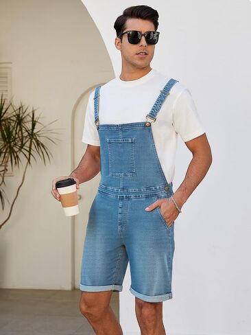LONGBIDA Mens Denim Shorts Bib Overalls Jeans Casual Walkshort Summer Jumpsuit with Pockets in Saudi Arabia