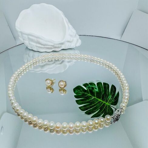Women's Pearl Necklace Set AAAA Ivory Cultured Pearls | Pagoda Chain 18 inch - 19 inch Necklace and Pearl Earrings - 925 Sterling Silver Clasp in Saudi Arabia