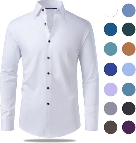 Gollnwe Men's Slim Fit French Cuff Stretch Bamboo Solid Dress Shirt in Kuwait