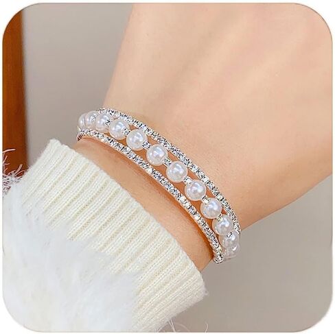 Imitition Pearl Stretch Cuff Bracelet for Women Adjustable Multilaye Rhinestone Cuff Bracelet Wedding Brides Holiday Party Jewelry in Kuwait