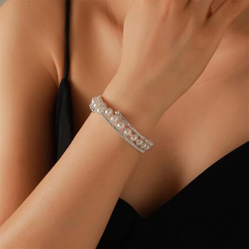 Imitition Pearl Stretch Cuff Bracelet for Women Adjustable Multilaye Rhinestone Cuff Bracelet Wedding Brides Holiday Party Jewelry in Kuwait