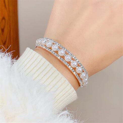 Imitition Pearl Stretch Cuff Bracelet for Women Adjustable Multilaye Rhinestone Cuff Bracelet Wedding Brides Holiday Party Jewelry in Kuwait