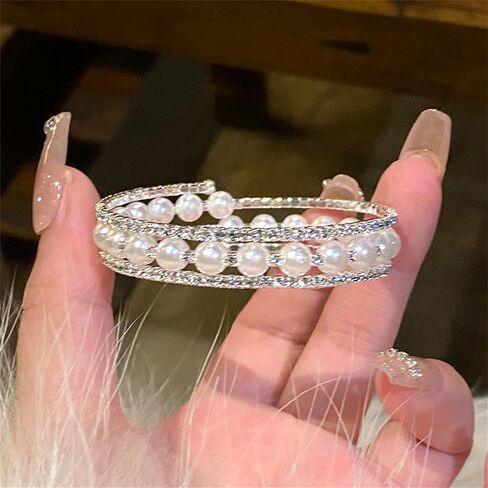 Imitition Pearl Stretch Cuff Bracelet for Women Adjustable Multilaye Rhinestone Cuff Bracelet Wedding Brides Holiday Party Jewelry in Kuwait