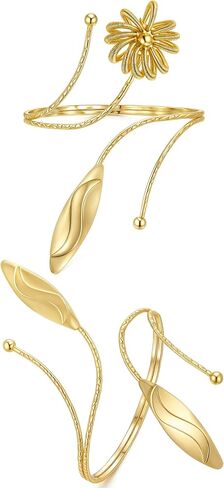 BOMAIL 2Pcs Upper Arm Bracelet for Women Arm Band Cuff Coil Coil Bangle Bracelets Set Gold Plated Flower Leaf Arm Cuff Boho Jewelry for Women in Saudi Arabia