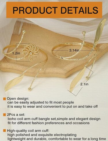 BOMAIL 2Pcs Upper Arm Bracelet for Women Arm Band Cuff Coil Coil Bangle Bracelets Set Gold Plated Flower Leaf Arm Cuff Boho Jewelry for Women in Saudi Arabia