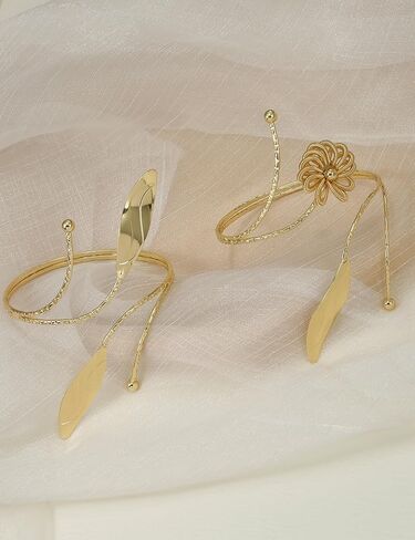 BOMAIL 2Pcs Upper Arm Bracelet for Women Arm Band Cuff Coil Coil Bangle Bracelets Set Gold Plated Flower Leaf Arm Cuff Boho Jewelry for Women in Saudi Arabia