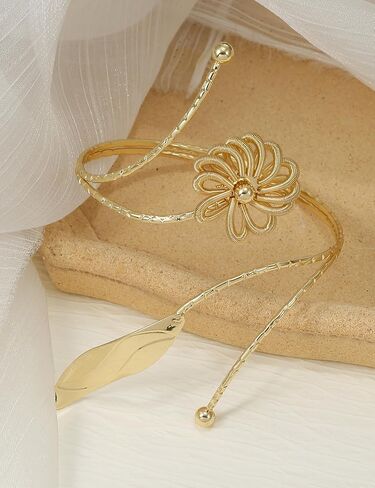 BOMAIL 2Pcs Upper Arm Bracelet for Women Arm Band Cuff Coil Coil Bangle Bracelets Set Gold Plated Flower Leaf Arm Cuff Boho Jewelry for Women in Saudi Arabia