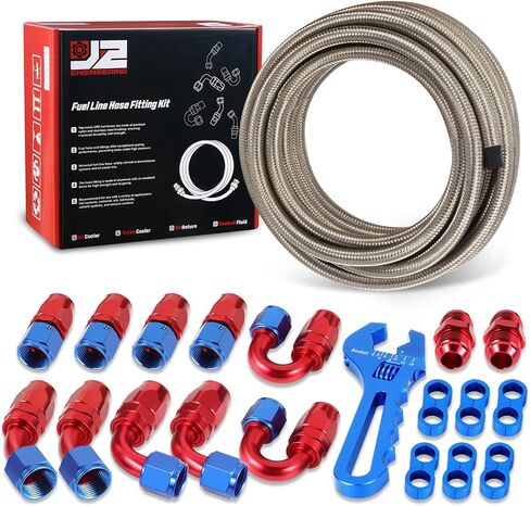 J2 Engineering 6AN 25FT 0.34inch ID Stainless Steel Braided CPE Fuel Line with Swivel Hose End Fitting Adapter Kit, Silver, J2-FLS-CPE-06-SL in Kuwait