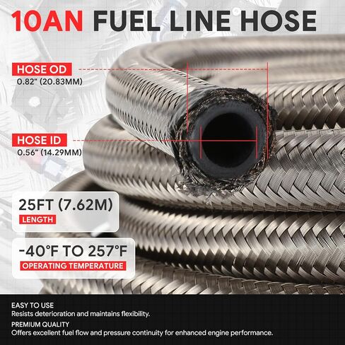 J2 Engineering 6AN 25FT 0.34inch ID Stainless Steel Braided CPE Fuel Line with Swivel Hose End Fitting Adapter Kit, Silver, J2-FLS-CPE-06-SL in Kuwait