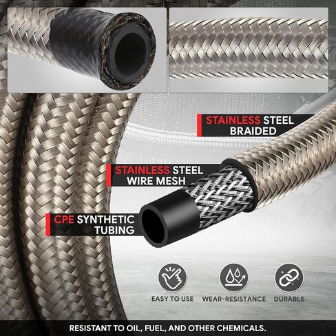 J2 Engineering 6AN 25FT 0.34inch ID Stainless Steel Braided CPE Fuel Line with Swivel Hose End Fitting Adapter Kit, Silver, J2-FLS-CPE-06-SL in Kuwait