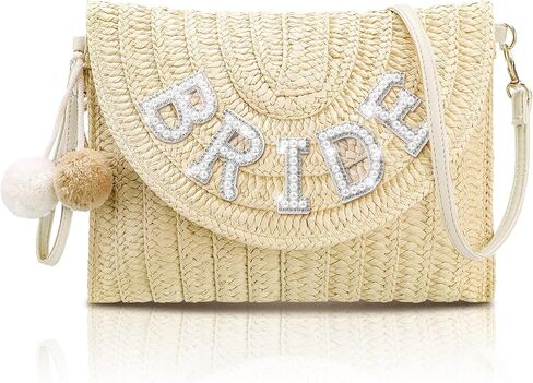 Pinkunn Bride Gift Straw Counter Bag Bag Clutch Rhinestone Letter Pres in Kuwait