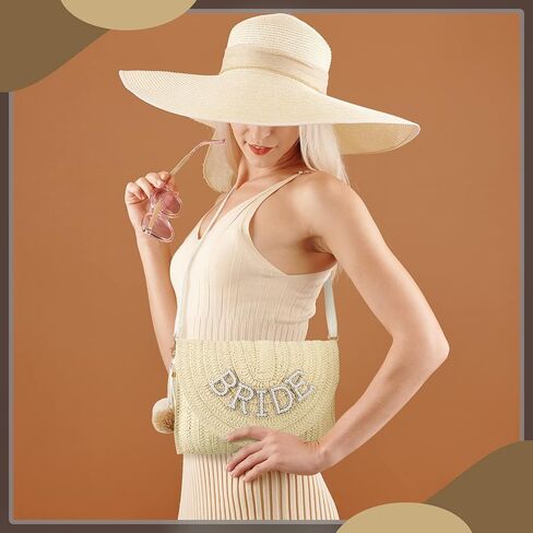 Pinkunn Bride Gift Straw Counter Bag Bag Clutch Rhinestone Letter Pres in Kuwait