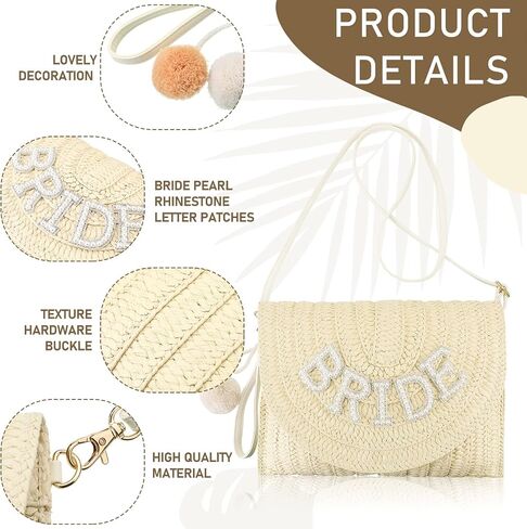 Pinkunn Bride Gift Straw Counter Bag Bag Clutch Rhinestone Letter Pres in Kuwait