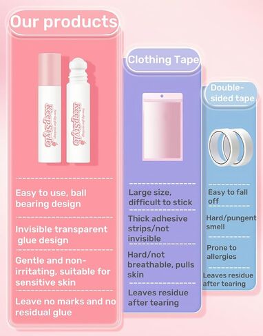 Clear Tape Adhesive for Clothes & Skin, Invisible Low Collar Strap Fixing Tape, Liquid Roll On Anti-Slip Glue - Easy to Use and Remove, Long-Lasting, Breathable (3pcs) in Saudi Arabia