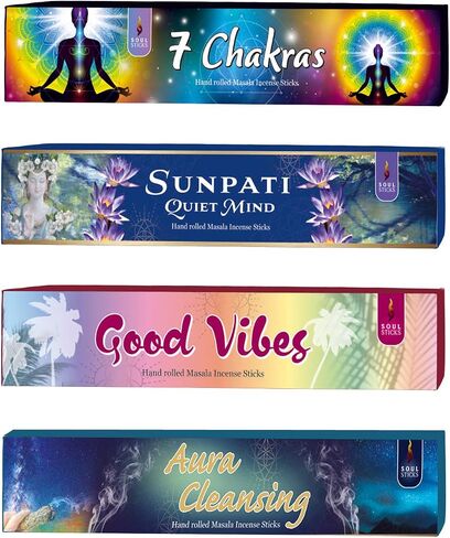 Soul Sticks Hand-Rolled Incense Sticks Variety 4 Pack | 100% Natural Masala Incense Organic Home Fragrance Agarbatti | 15 Grams Per Pack - 60 Grams Total (Divine Energy) in Saudi Arabia