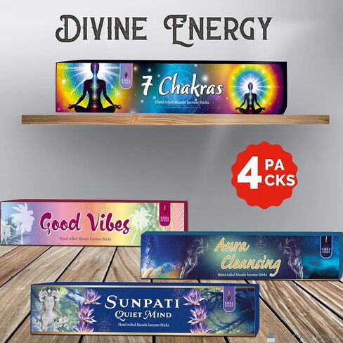 Soul Sticks Hand-Rolled Incense Sticks Variety 4 Pack | 100% Natural Masala Incense Organic Home Fragrance Agarbatti | 15 Grams Per Pack - 60 Grams Total (Divine Energy) in Saudi Arabia