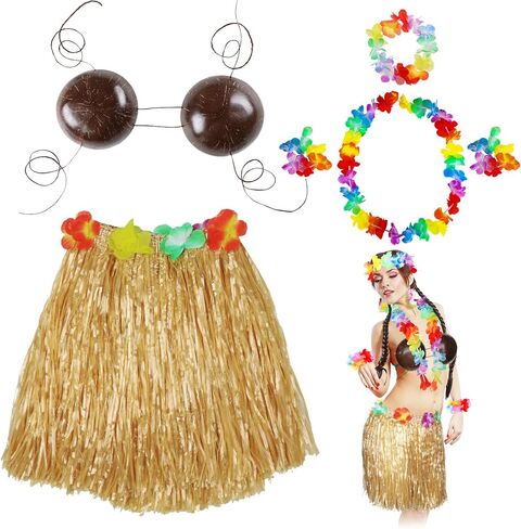 Tigeen 6 Pcs Coconut Bra Hawaiian Grass Hula Skirt Costume Set Dance Leis Outfit for Women Luau Party Supplies,15.7 Inch in Saudi Arabia