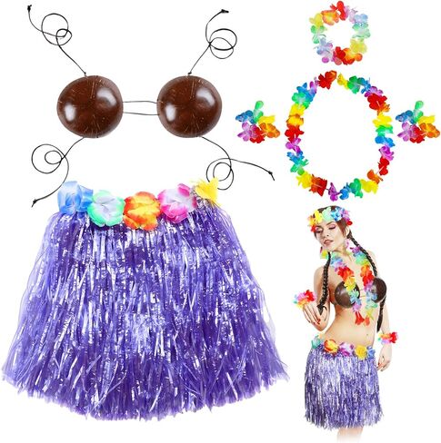 Tigeen 6 Pcs Coconut Bra Hawaiian Grass Hula Skirt Costume Set Dance Leis Outfit for Women Luau Party Supplies,15.7 Inch in Kuwait