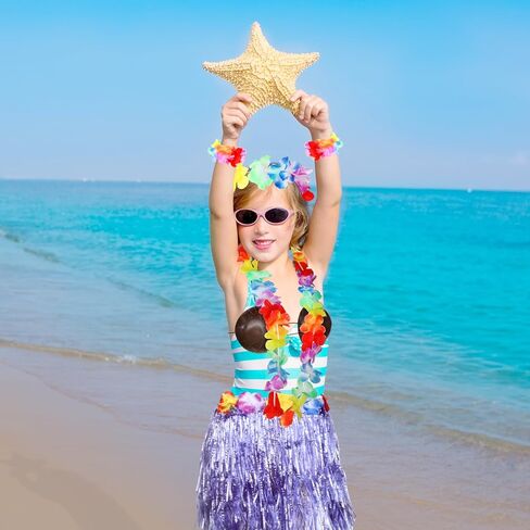 Tigeen 6 Pcs Coconut Bra Hawaiian Grass Hula Skirt Costume Set Dance Leis Outfit for Women Luau Party Supplies,15.7 Inch in Kuwait