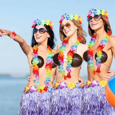 Tigeen 6 Pcs Coconut Bra Hawaiian Grass Hula Skirt Costume Set Dance Leis Outfit for Women Luau Party Supplies,15.7 Inch in Kuwait