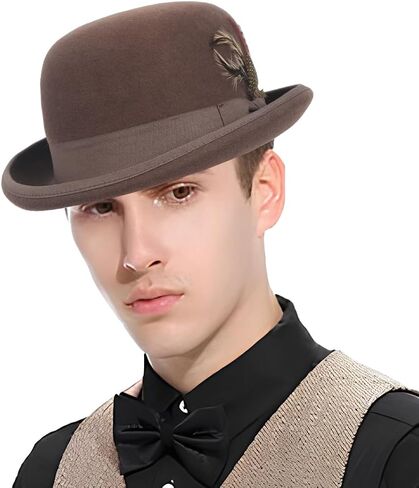 Men's Wool Bowler Hats - Felt Derby Dress Hat - Rolled Brim Fedora with Feather in Kuwait