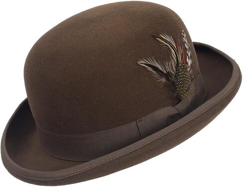 Men's Wool Bowler Hats - Felt Derby Dress Hat - Rolled Brim Fedora with Feather in Kuwait