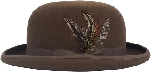 Men's Wool Bowler Hats - Felt Derby Dress Hat - Rolled Brim Fedora with Feather in Kuwait