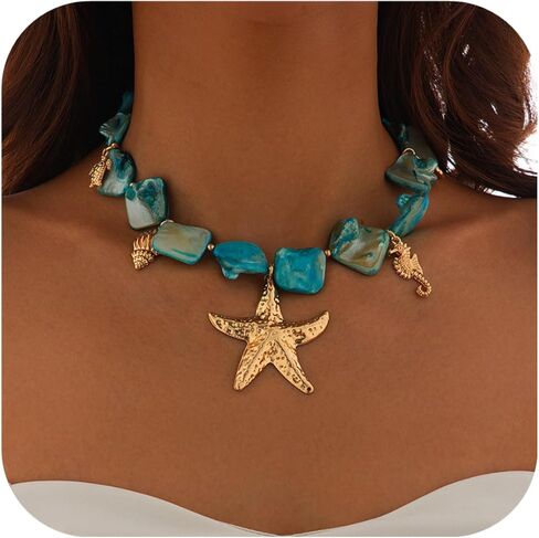 Starfish Shell Necklaces for Women Trendy Summer Boho Seashell Pendant Beach Necklace Gold Charm Choke Necklace Dainty Statement Necklace Fashion Surfer Jewelry Gift in Kuwait