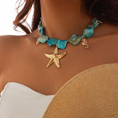 Starfish Shell Necklaces for Women Trendy Summer Boho Seashell Pendant Beach Necklace Gold Charm Choke Necklace Dainty Statement Necklace Fashion Surfer Jewelry Gift in Kuwait