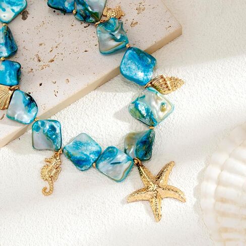 Starfish Shell Necklaces for Women Trendy Summer Boho Seashell Pendant Beach Necklace Gold Charm Choke Necklace Dainty Statement Necklace Fashion Surfer Jewelry Gift in Kuwait