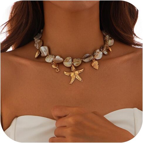 Starfish Shell Necklaces for Women Trendy Summer Boho Seashell Pendant Beach Necklace Gold Charm Choke Necklace Dainty Statement Necklace Fashion Surfer Jewelry Gift in Saudi Arabia
