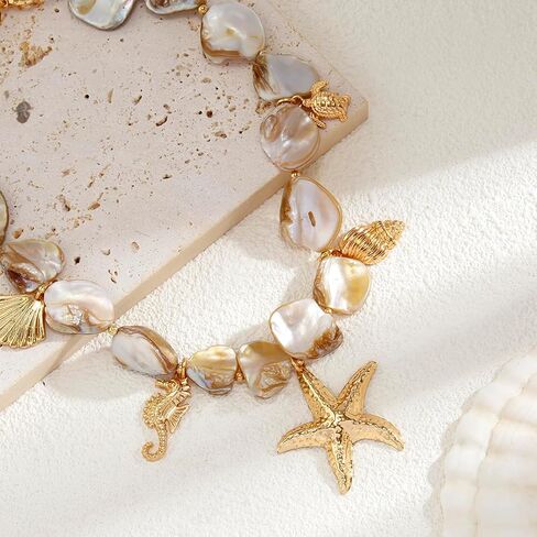 Starfish Shell Necklaces for Women Trendy Summer Boho Seashell Pendant Beach Necklace Gold Charm Choke Necklace Dainty Statement Necklace Fashion Surfer Jewelry Gift in Saudi Arabia
