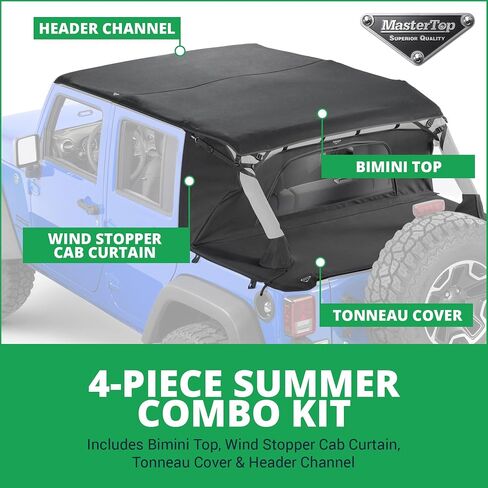 MasterTop 3-Piece Ultimate Summer Soft Top Combo - Bimini Soft Top, Wind Stopper Cab Curtain, and Tonneau Deck Cargo Cover - Fits Jeep Wrangler JK JKU Unlimited 4-Door 2010-2018 - Black MasterTwill in Saudi Arabia