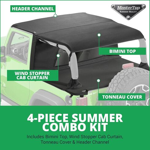 MasterTop 3-Piece Ultimate Summer Soft Top Combo - Bimini Soft Top, Wind Stopper Cab Curtain, and Tonneau Deck Cargo Cover - Fits Jeep Wrangler JK JKU Unlimited 4-Door 2010-2018 - Black MasterTwill in Saudi Arabia