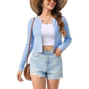 BeautyNee Women's Long Sleeve Cropped Cardigan Sweaters Crewneck Knit Shrugs Solid Button Down Shrugs for Dresses