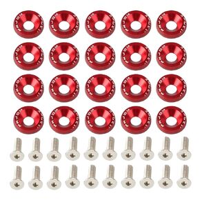 20PCS Bumper Fender Washers, Engine Bay Dress Up Fastener Kit, Aluminum Fender Washers, Bolt Fasteners for Trunk License Plate Frame（Red）