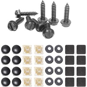 RED WOLF License Plate Screws Kit Stainless Steel Bolt Fasteners Anti Rattle for Front Rear License Plate Frame Bracket Tag Holder Mounting Hardware w/Nylon Insert, Black Caps, Foam Pad