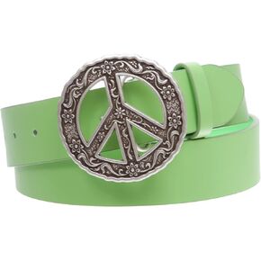 1 1/2" Snap On Belt With Round Perforated Floral Engraving Peace Sign Belt Buckle