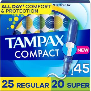 Tampax Compact Pearl Tampons Multipack, with LeakGuard Braid & Extendable Applicator, Regular/Super Absorbency, Compact Extendable Applicator, Unscented, 45 Count