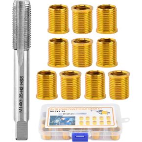 Kakalote Spark Plug Thread Repair Kit, High Speed Steel Tap Spark Plug M12x1.25 Inserts and M14x1.25 Tap Stainless Steel Thread Repair Tool for Automotive Engine Repair