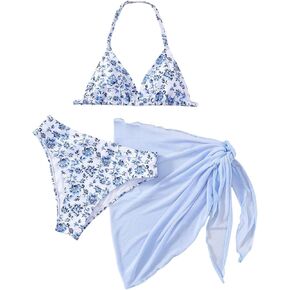 GORGLITTER Girl's 3 Piece Swimsuits Floral Halter Bikini Set Triangle Bathing Suit with Sarong Wraps