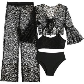 Verdusa Girl's 4 Piece Hollow Out Bikini Set Crochet Swimsuit with Cover Up Sets