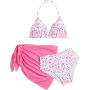 Girl's 3 Piece Swimsuits Floral High Waisted Bikini Bathing Suit with Mesh Coverups Skirt