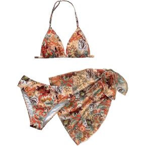 Floerns Girl's 3 Piece Swimsuit Floral Halter Backless High Waist Bikini Set with Beach Skirt