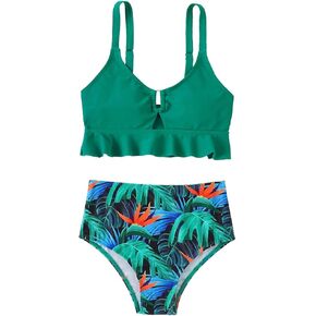 ESHOWEE Girls Swimsuits Swimwear 2 Piece Bathing Suit Beach Summer Bikini Front Cutout Ruffle Tank Print Sets Kids 2-12Y