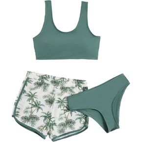 COZYEASE Girl's 3 Piece High Waisted Swimsuit Beach Bathing Suit with Tropical Cover Up Shorts