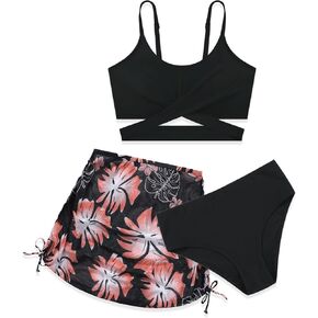 Weixinbuy Girl's Swimsuit 3 Piece Bathing Suit Criss Cross Spaghetti Strap Bikini Sets with Cover Up Skirt Beach Swimwear