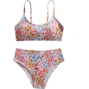 MakeMeChic Girl's Floral Bikini Set Scoop Neck High Waist Smocked Bathing Suit 2 Piece Swimsuits