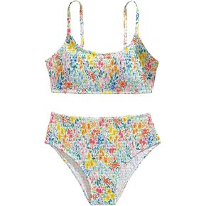 MakeMeChic Girl's Floral Bikini Set Scoop Neck High Waist Smocked Bathing Suit 2 Piece Swimsuits in Kuwait