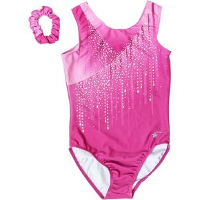 Destira Decadence Gymnastics Leotard For Girls, Raspberry Pink Tank With Dazzling Crystals And Matching Scrunchie